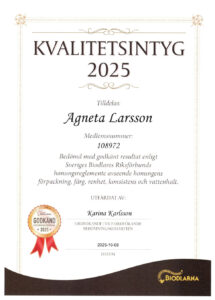 Kvalitetsintyg tilldelad Agneta Larsson av Sveriges Biodlares Riksförbund